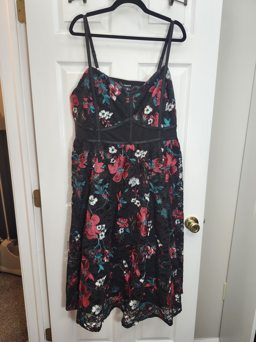 Torrid Black Lace Midi Dress with Red & Teal Floral Embroidery, Torrid 24 = 3X